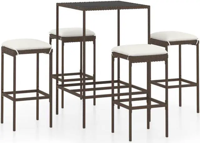 Alt view image 8 of 13 - vidaXL 5 Piece Garden Bar Set with Cushions Poly Rattan Brown