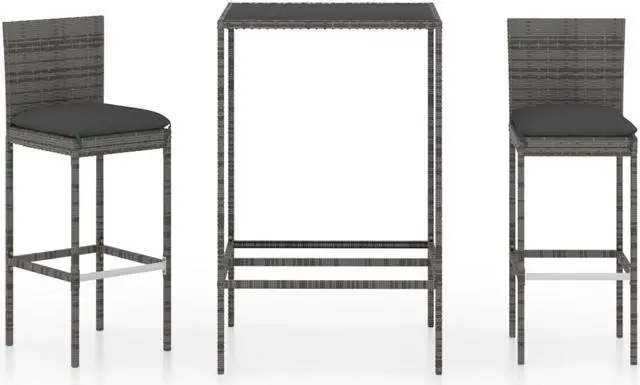 Alt view image 8 of 12 - vidaXL 3 Piece Garden Bar Set with Cushions Poly Rattan Gray