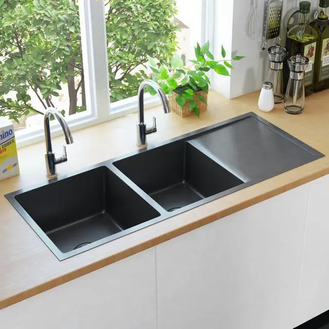 Alt view image 14 of 20 - vidaXL Handmade Kitchen Sink Black Stainless Steel Under-Mount