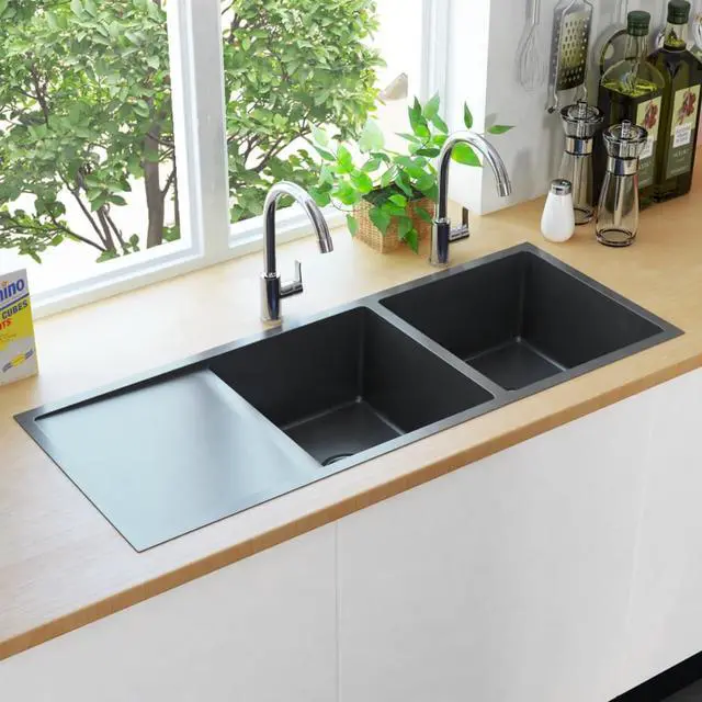 Alt view image 16 of 20 - vidaXL Handmade Kitchen Sink Black Stainless Steel Under-Mount
