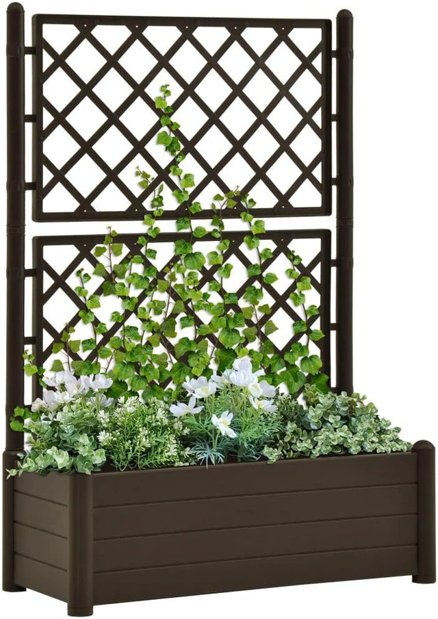 Alt view image 8 of 8 - vidaXL Garden Raised Bed with Trellis, Raised Bed for Flowers and Plants, Planter with Drainage Hole, Outdoor and Indoor Use, Mocha, 39.4"x16.9"x55.9" , PP