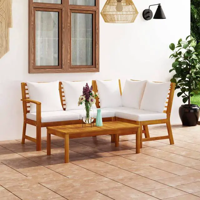 Alt view image 10 of 12 - vidaXL 4 Piece Garden Lounge Set with Cushion Cream Solid Acacia Wood