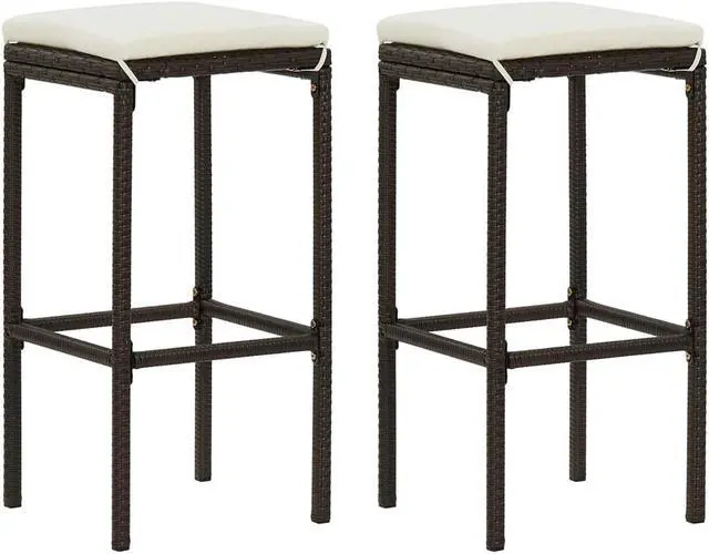 Alt view image 5 of 6 - vidaXL Patio Bar Set with Cushions 3 Piece Poly Rattan Brown Table Chairs