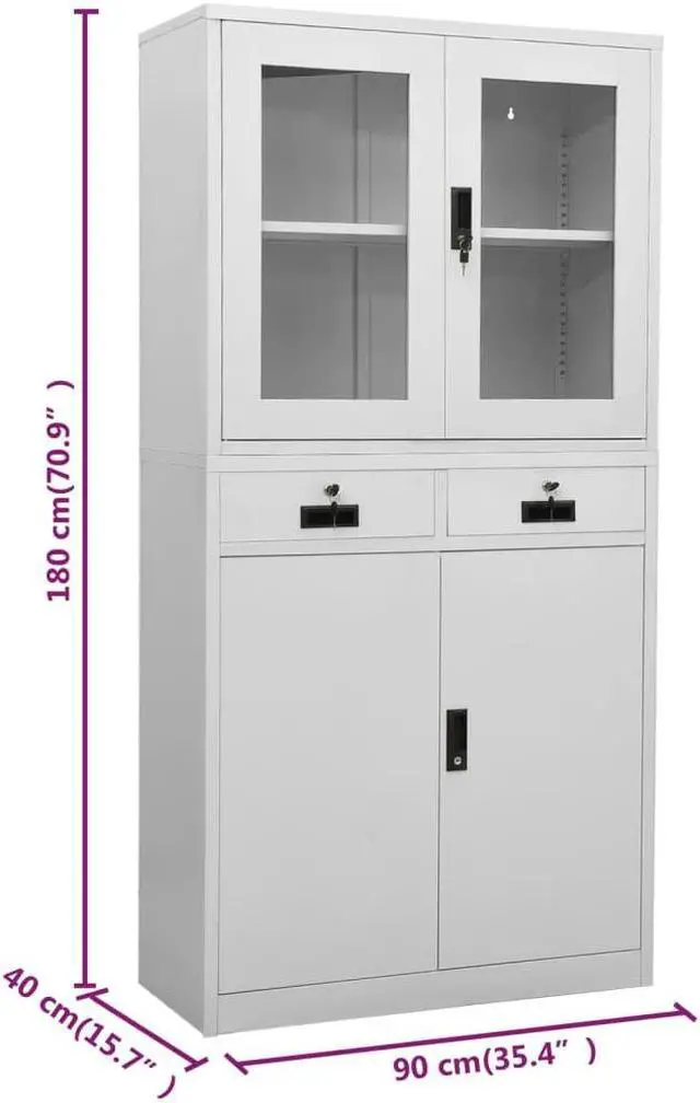 Alt view image 3 of 7 - vidaXL Office Cabinet Storage File Cabinet Light Gray Steel and Tempered Glass