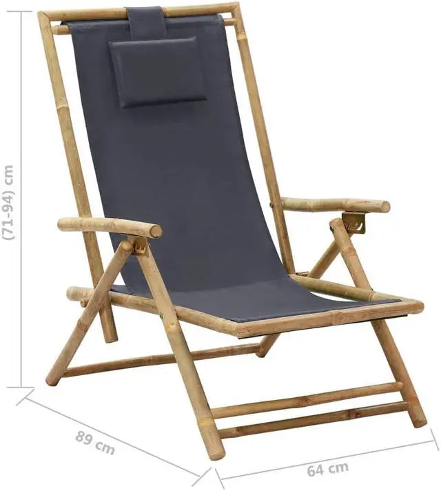 Alt view image 3 of 18 - vidaXL Patio Deck Chair Sling Chair with Headrest Dark Gray Bamboo and Fabric