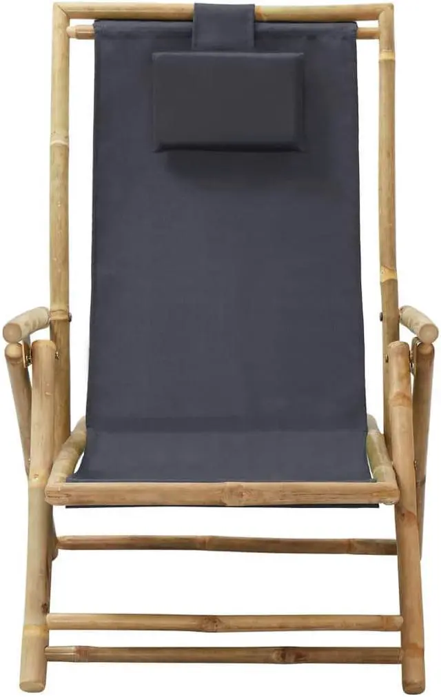 Alt view image 2 of 18 - vidaXL Patio Deck Chair Sling Chair with Headrest Dark Gray Bamboo and Fabric