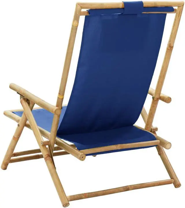 Alt view image 4 of 17 - vidaXL Patio Deck Chair Sling Chair with Headrest Navy Blue Bamboo and Fabric