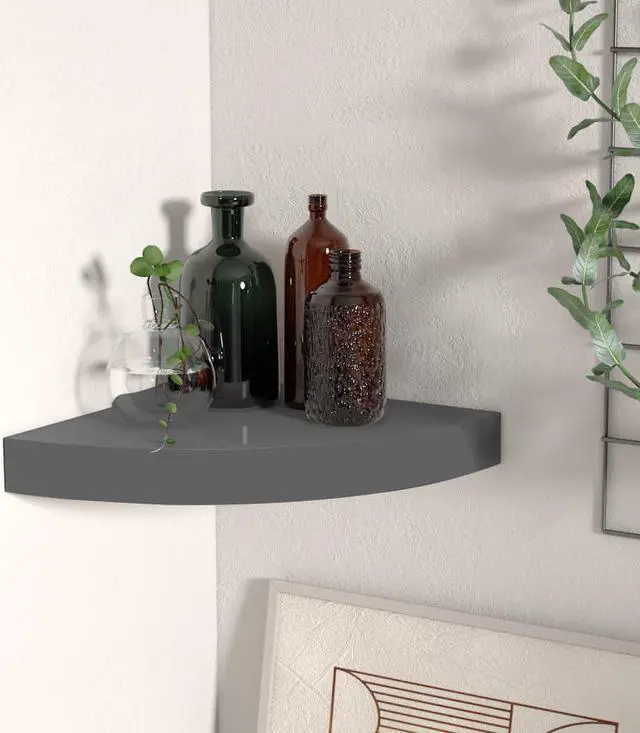 Alt view image 4 of 10 - vidaXL Floating Corner Shelf High Gloss Gray 9.8"x9.8"x1.5" MDF