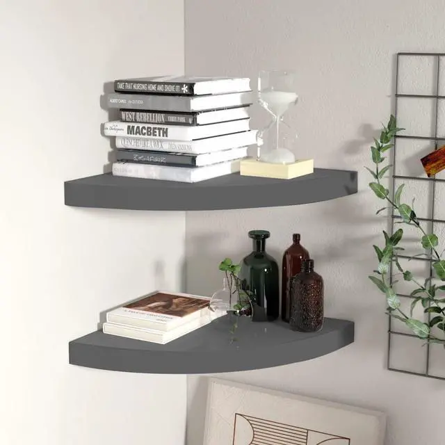 Alt view image 6 of 12 - vidaXL Floating Corner Shelves 2 pcs High Gloss Gray 13.8"x13.8"x1.5" MDF