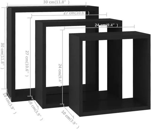 Alt view image 7 of 10 - vidaXL Wall Cube Shelves 3 pcs Black MDF
