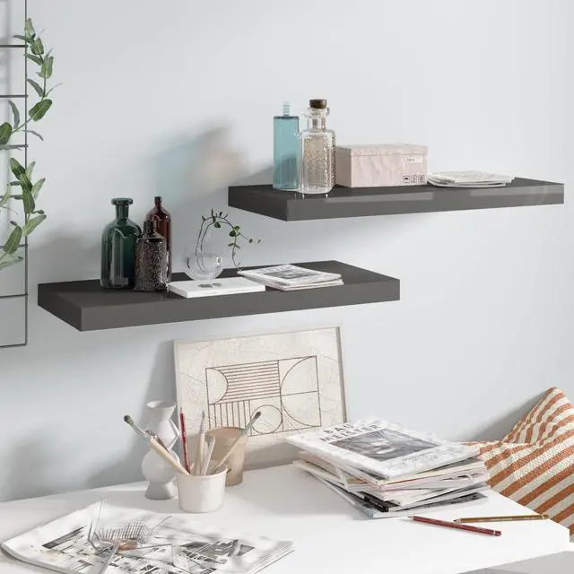 Alt view image 5 of 11 - vidaXL Floating Wall Shelves 2 pcs High Gloss Gray 23.6"x9.3"x1.5" MDF
