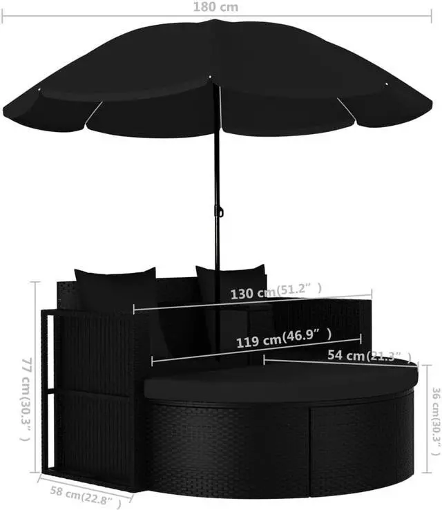 Alt view image 3 of 16 - vidaXL Patio Bed Outdoor Patio Wicker Daybed with Parasol Poly Rattan Black