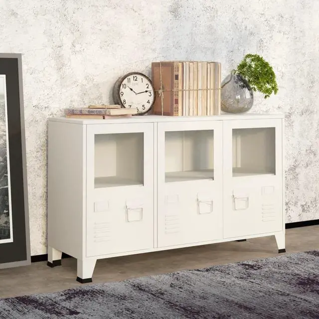 Main image of vidaXL Sideboard Industrial Storage Cabinet with Handle White Metal and Glass
