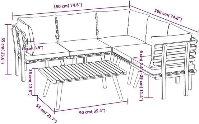 Alt view image 4 of 6 - vidaXL Patio Sofa Set Sectional Sofa Patio Furniture 6 Piece Solid Wood Acacia