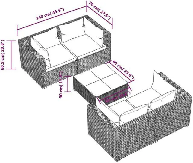 Alt view image 4 of 6 - vidaXL Patio Lounge Set Outdoor Sectional Sofa Set 5 Piece Poly Rattan Brown