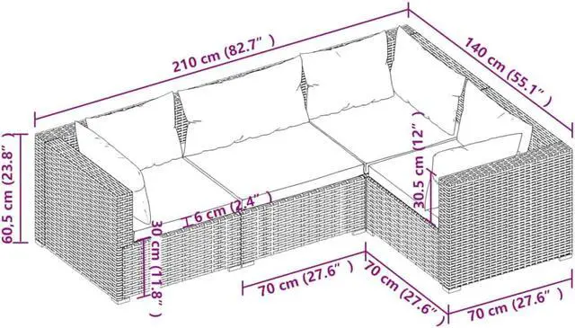 Alt view image 4 of 7 - vidaXL Patio Lounge Set Outdoor Sectional Sofa Set 4 Piece Poly Rattan Black
