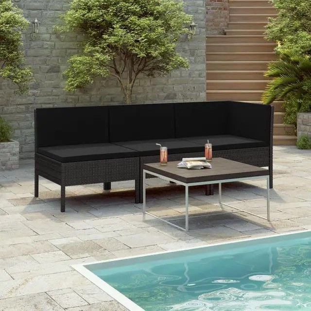 Alt view image 4 of 10 - vidaXL 3 Piece Garden Lounge Set with Cushions Poly Rattan Black