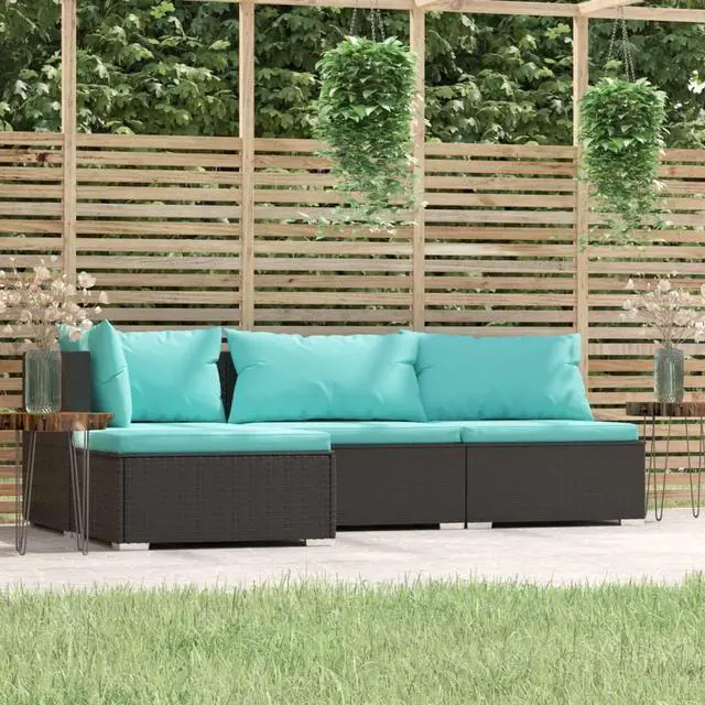 Alt view image 5 of 15 - vidaXL 4 Piece Patio Lounge Set with Cushions Black Poly Rattan