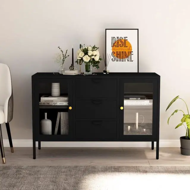 Alt view image 9 of 15 - vidaXL Sideboard Black 41.3"x13.8"x27.6" Steel and Tempered Glass