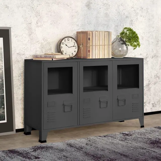 Alt view image 5 of 14 - vidaXL Industrial Sideboard Anthracite 41.3"x13.8"x24.4" Metal and Glass
