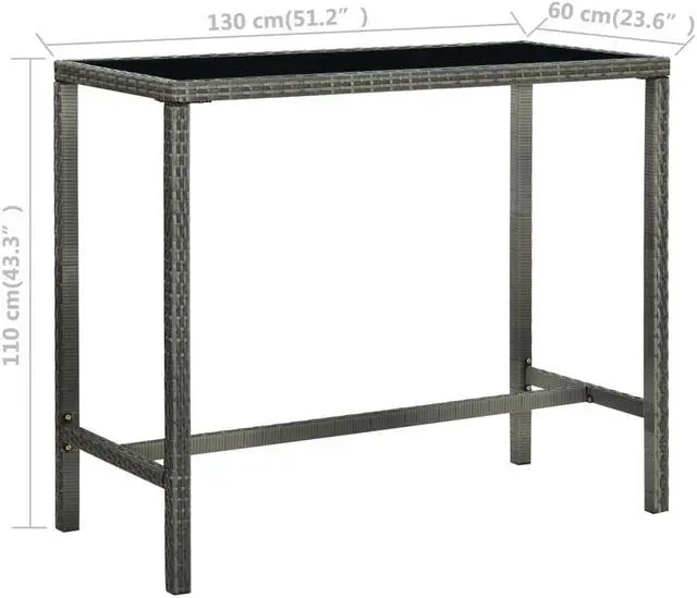 Alt view image 14 of 14 - vidaXL Patio Bar Table Gray 51.2"x23.6"x43.3" Poly Rattan and Glass