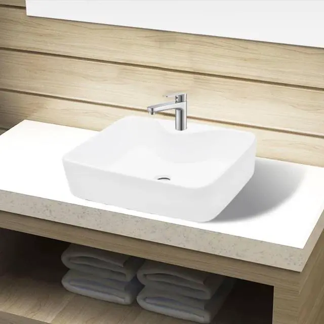 Alt view image 8 of 12 - vidaXL Ceramic Bathroom Sink Basin with Faucet Hole White Square