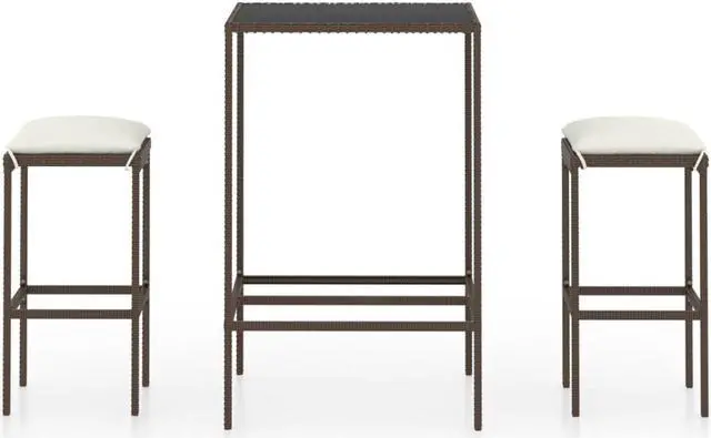 Alt view image 2 of 6 - vidaXL Patio Bar Set with Cushions 3 Piece Poly Rattan Brown Table Chairs