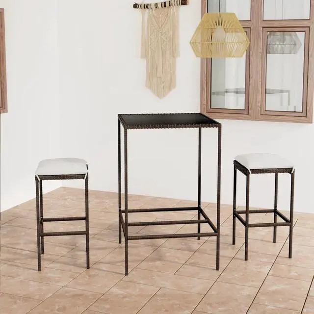 Main image of vidaXL Patio Bar Set with Cushions 3 Piece Poly Rattan Brown Table Chairs