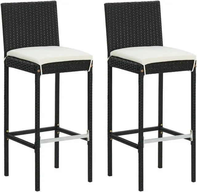 Alt view image 7 of 7 - vidaXL Patio Bar Set with Cushions 3 Piece Poly Rattan Black Garden Furniture