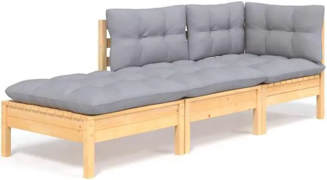 Alt view image 11 of 15 - vidaXL 3 Piece Patio Lounge Set with Gray Cushions Solid Pinewood