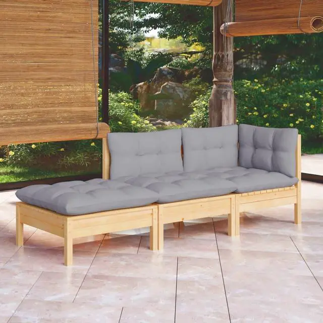 Alt view image 10 of 15 - vidaXL 3 Piece Patio Lounge Set with Gray Cushions Solid Pinewood