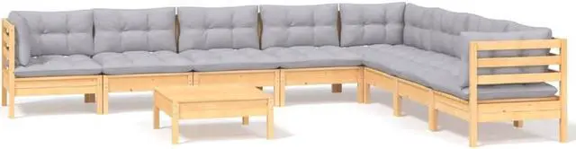 Alt view image 2 of 7 - vidaXL Solid Pinewood Patio Lounge Set 9 Piece with Gray Cushions Garden Sofa