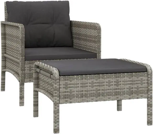 Alt view image 2 of 7 - vidaXL Patio Furniture Set 2 Piece Outdoor Chair with Cushions Gray Poly Rattan