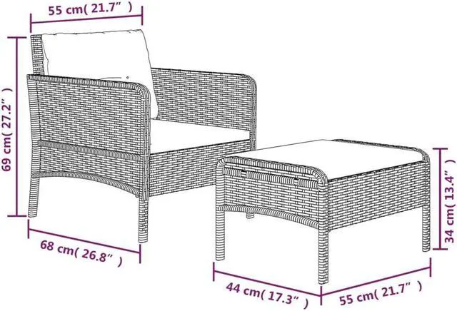 Alt view image 4 of 7 - vidaXL Patio Furniture Set 2 Piece Outdoor Chair with Cushions Gray Poly Rattan