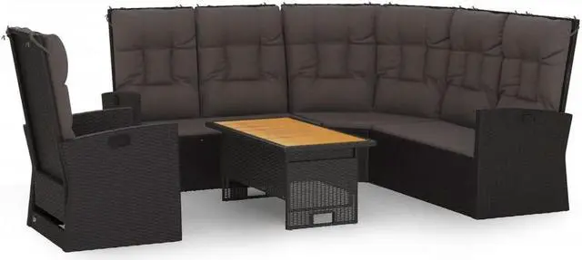 Alt view image 2 of 6 - vidaXL Patio Furniture Set 3 Piece Sofa Couch with Cushions Black Poly Rattan