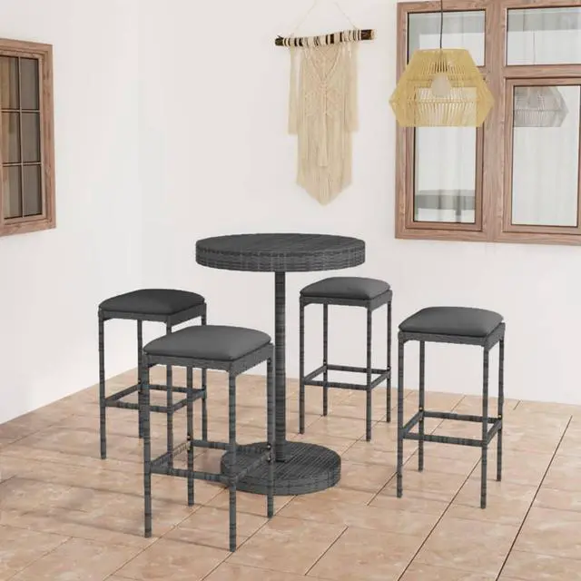 Main image of vidaXL Patio Bar Set with Cushions 5 Piece Poly Rattan Gray Garden Furniture