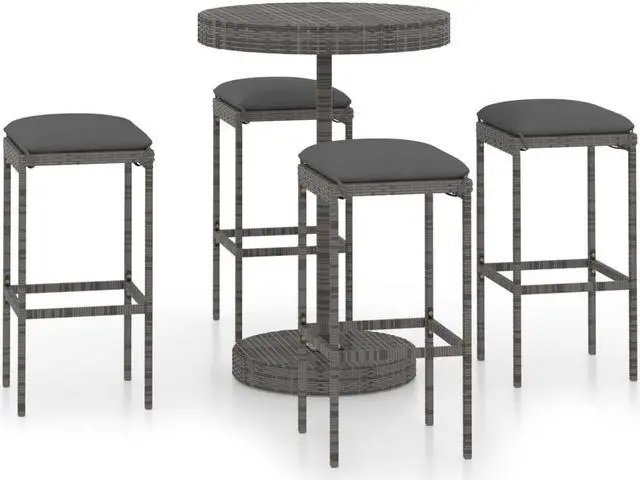 Alt view image 2 of 6 - vidaXL Patio Bar Set with Cushions 5 Piece Poly Rattan Gray Garden Furniture