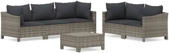 Alt view image 2 of 6 - vidaXL Patio Furniture Set 6 Piece Armchair Sofa with Cushions Gray Poly Rattan
