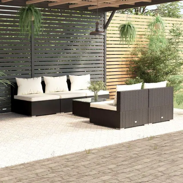 Main image of vidaXL Patio Lounge Set 6 Piece with Cushions Poly Rattan Black Garden Sofa