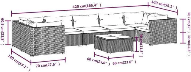 Alt view image 4 of 6 - vidaXL Patio Lounge Set Outdoor Sectional Sofa Set 8 Piece Poly Rattan Brown