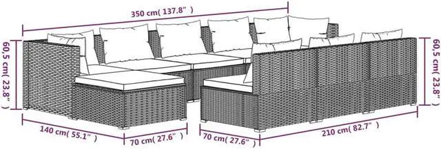 Alt view image 4 of 6 - vidaXL Patio Lounge Set 10 Piece with Cushions Black Poly Rattan Garden Seat
