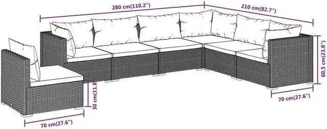Alt view image 4 of 6 - vidaXL Patio Lounge Set 7 Piece with Cushions Poly Rattan Black Garden Seat