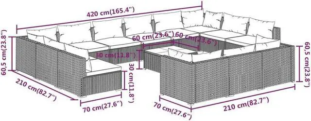 Alt view image 4 of 6 - vidaXL Patio Lounge Set Outdoor Sectional Sofa Set 14 Piece Brown Poly Rattan