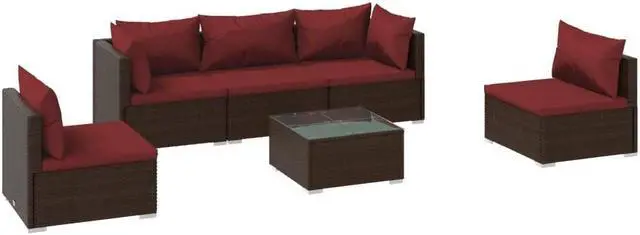 Alt view image 2 of 6 - vidaXL Patio Lounge Set Outdoor Sectional Sofa Set 6 Piece Poly Rattan Brown