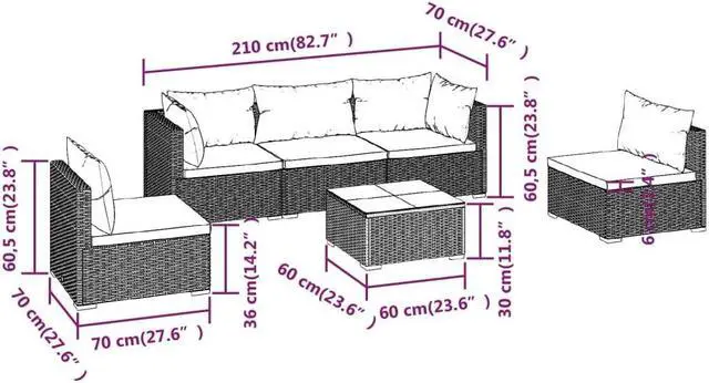 Alt view image 4 of 6 - vidaXL Patio Lounge Set Outdoor Sectional Sofa Set 6 Piece Poly Rattan Brown
