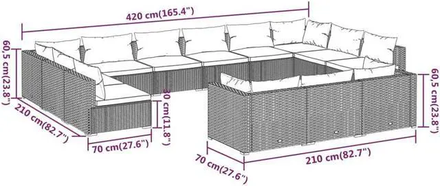 Alt view image 4 of 6 - vidaXL Patio Lounge Set 13 Piece with Cushions Black Poly Rattan Garden Seat