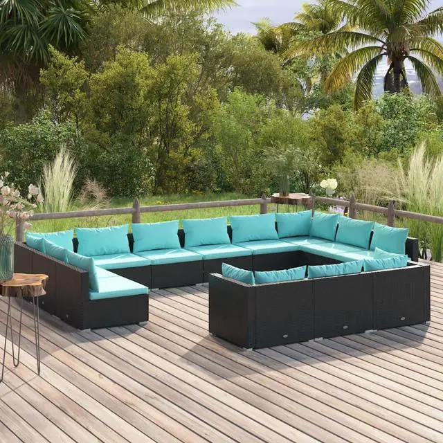 Main image of vidaXL Patio Lounge Set 13 Piece with Cushions Black Poly Rattan Garden Seat