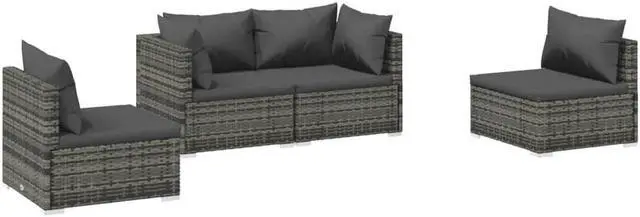 Alt view image 2 of 6 - vidaXL Patio Lounge Set 4 Piece with Cushions Poly Rattan Gray Garden Seat