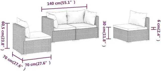 Alt view image 6 of 6 - vidaXL Patio Lounge Set 4 Piece with Cushions Poly Rattan Gray Garden Seat