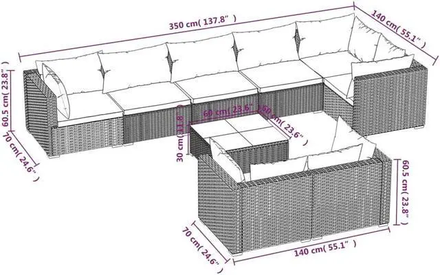 Alt view image 4 of 6 - vidaXL Patio Lounge Set Outdoor Sectional Sofa Set 9 Piece Brown Poly Rattan